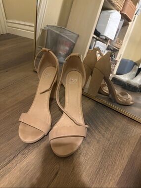 Diva Beige Open-Toe Ankle Strap Block Heels